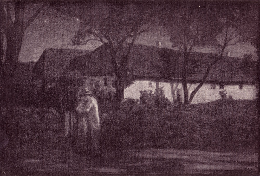 Zeichnung eines sich küssenden Paares bei Nacht vor einem Haus.