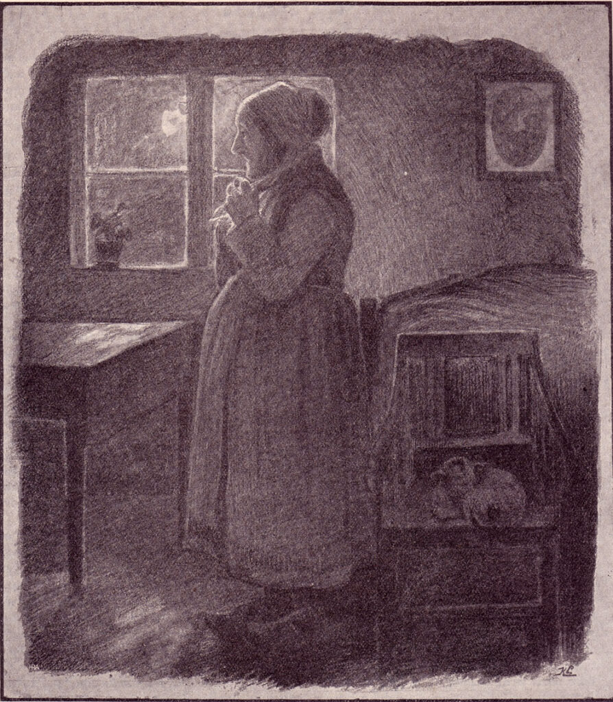 Zeichnung einer älteren Frau, die bei Nacht am Fenster einer Stube steht.