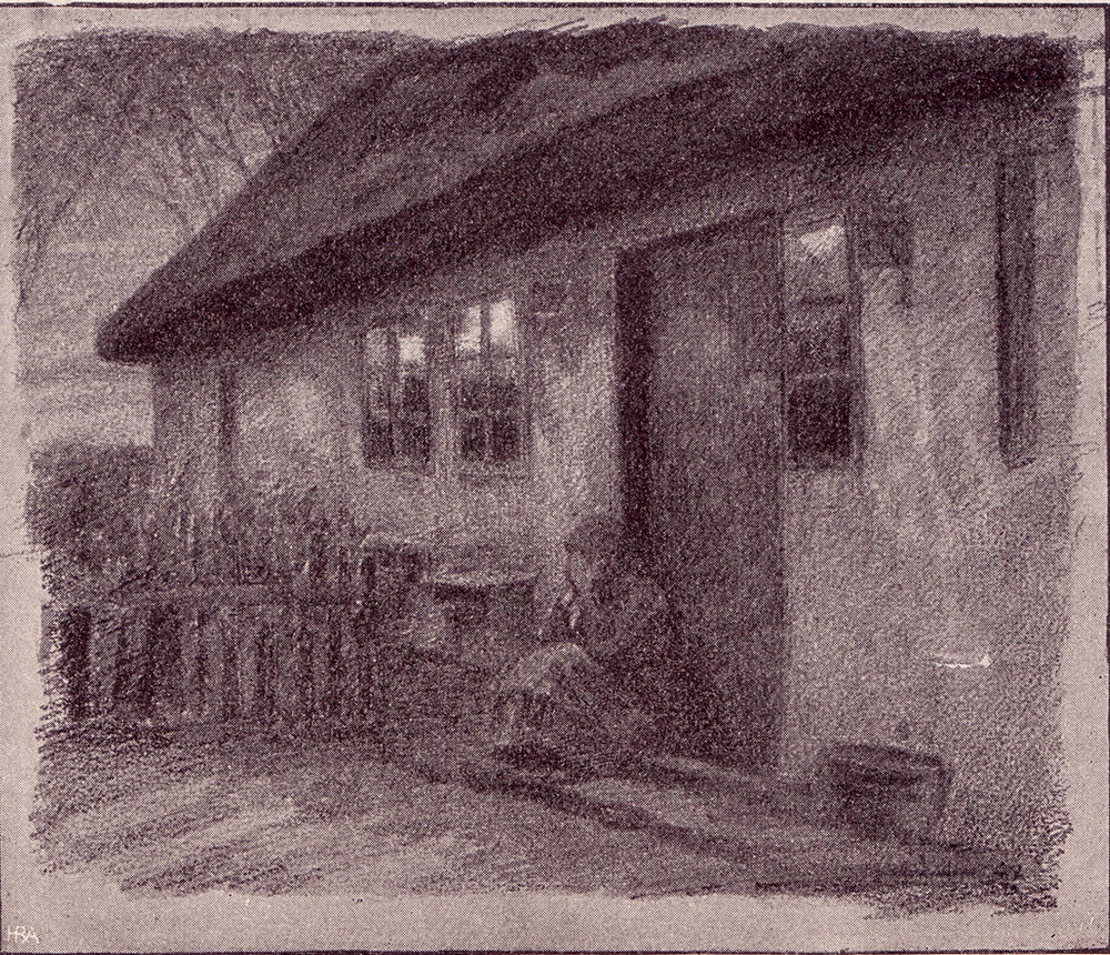 Zeichnung einer weinenden Frau vor der Eingangstür eines kleinen Hauses.