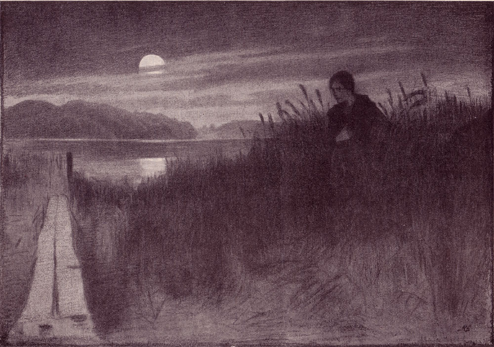 Zeichnung einer Frau am Ufer eines Sees bei Nacht.