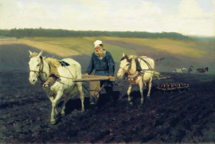 Das Gemälde zeigt einen älteren Mann mit weißem Bart, der mit zwei Pferden und einem Pflug auf dem Feld arbeitet.